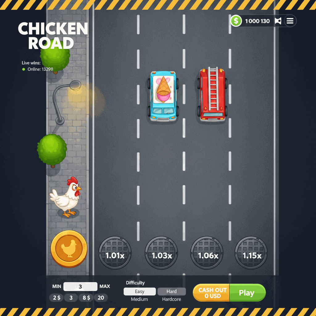 Schermata di gioco Chicken Road: un pollo bianco attraversa una strada multicarreggiata vista dall'alto, con linee tratteggiate bianche, tombini circolari che mostrano i moltiplicatori crescenti su ogni corsia, auto in movimento e marciapiede urbano con alberi verdi e lampione sulla sinistra